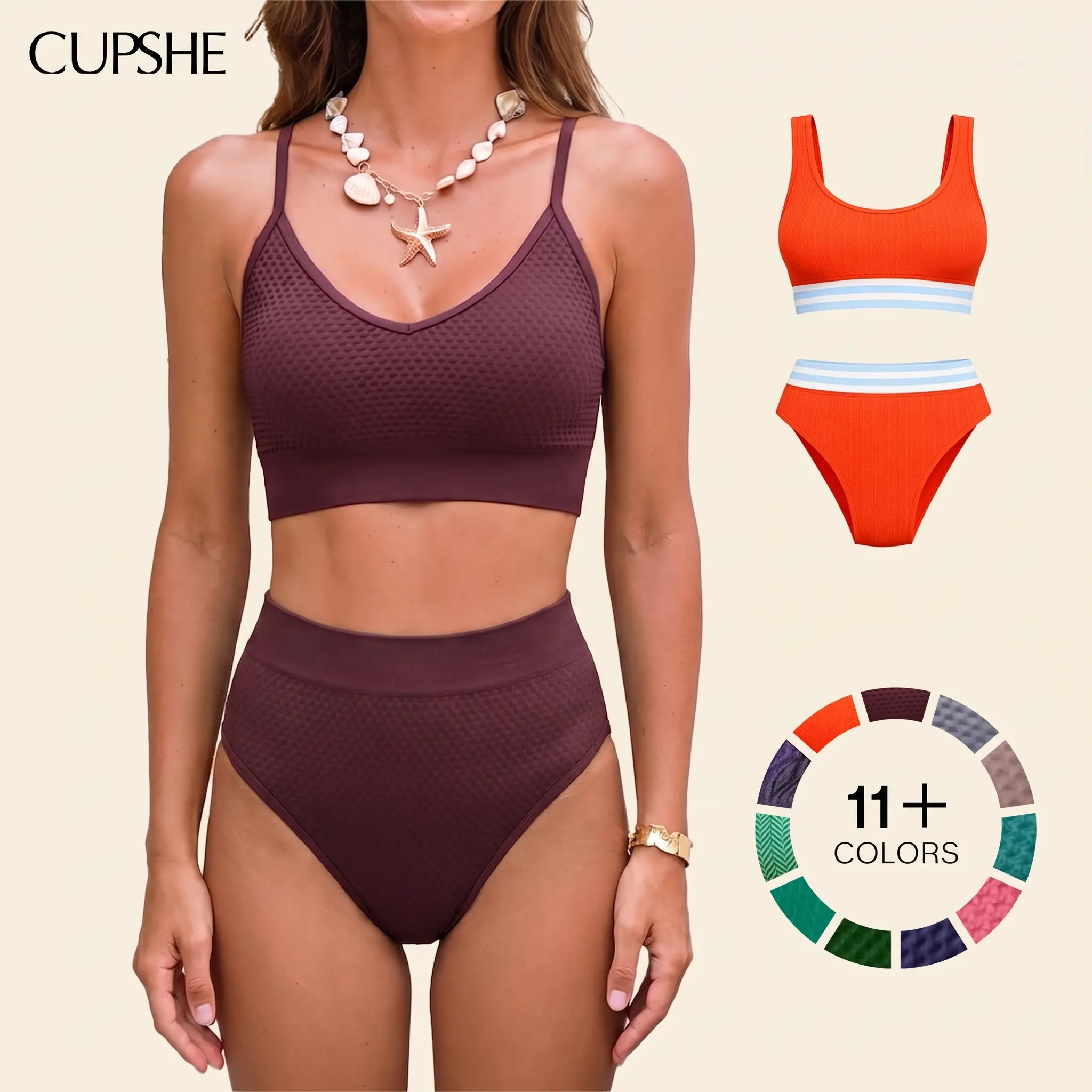 CUPSHE Women's Cocoa Hour Brown Supportive 2-Piece Bikini Set - Adjustable Straps, High-Waisted, Tummy-Smoothing, Classic Coverage Nylon Swimsuit with Diamond Accent #summerfinds