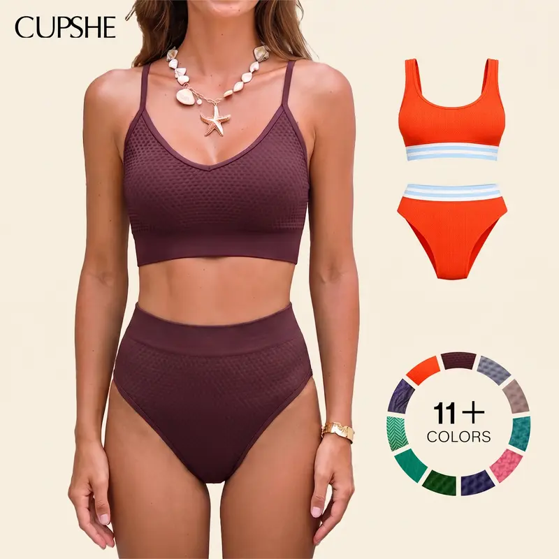 CUPSHE Women's Cocoa Hour Brown High-Waisted 2-Piece Bikini Set - Diamond-Neck Supportive Bra Cup Bathing Suit, Tummy-Smoothing Nylon Blend, Full Bum Coverage, Diamond‑Neck Chic