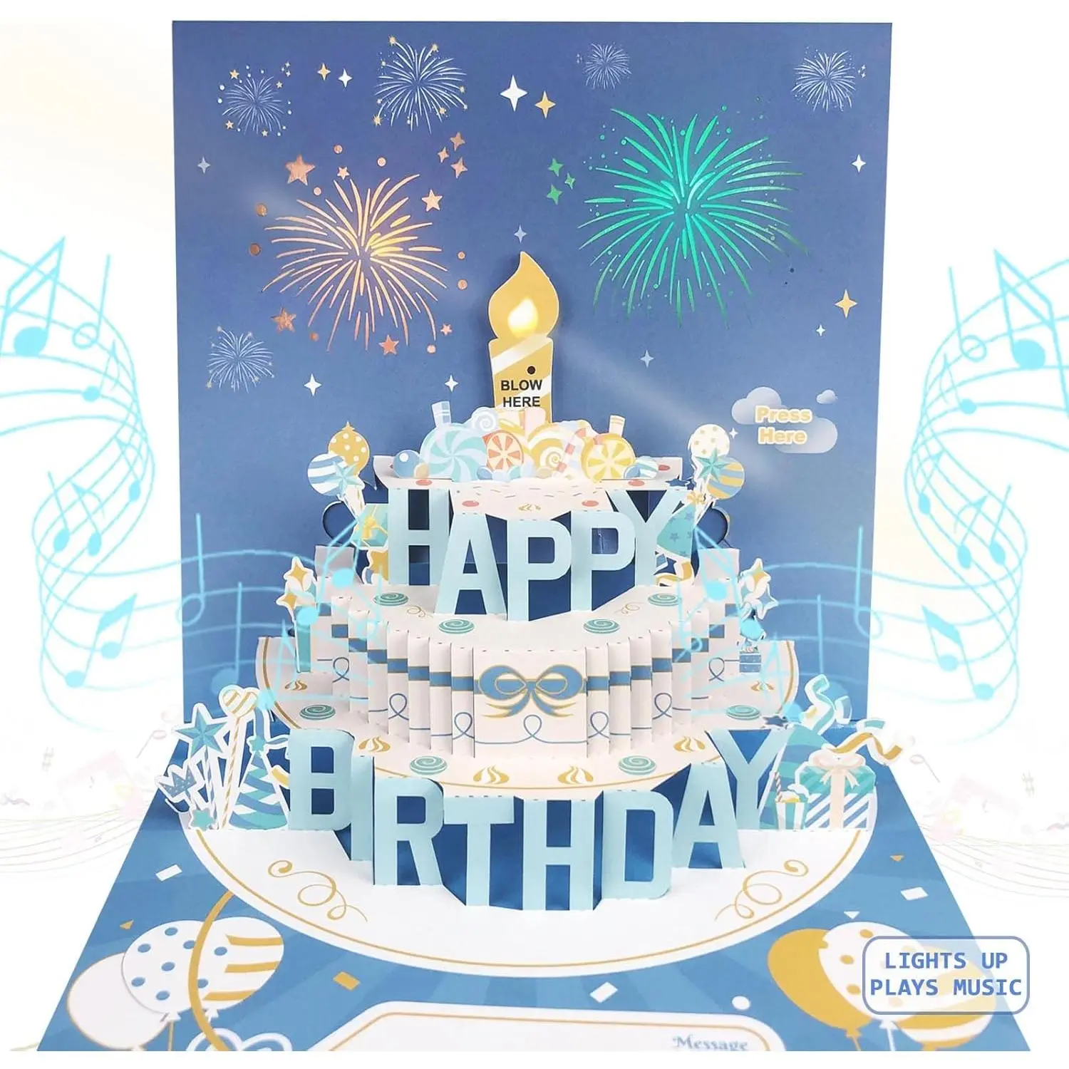 Musical Birthday Cards with Light and Music, Blowable, 3D Birthday Popup Cards for Men & Women- Plays Hit Song 'HAPPY Birthday'