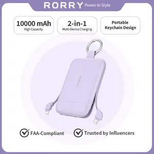 RORRY 10000mAh Portable Charger 30W Fast Charging Power Bank with Built-in Type-C & Lighting Cables Travel Keychain Battery Pack for iPhone 17-12 AirPods Android iPad Switch Lightweight Compact Multi Device Charging