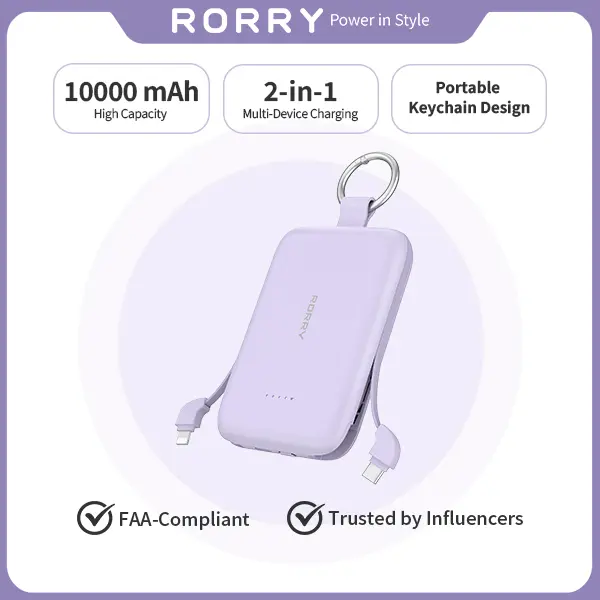 RORRY 10000mAh 30W Fast Charge Power Bank with 2 Built-in Cables Mini Keychain Portable Charger for iPhone & Android summerwins