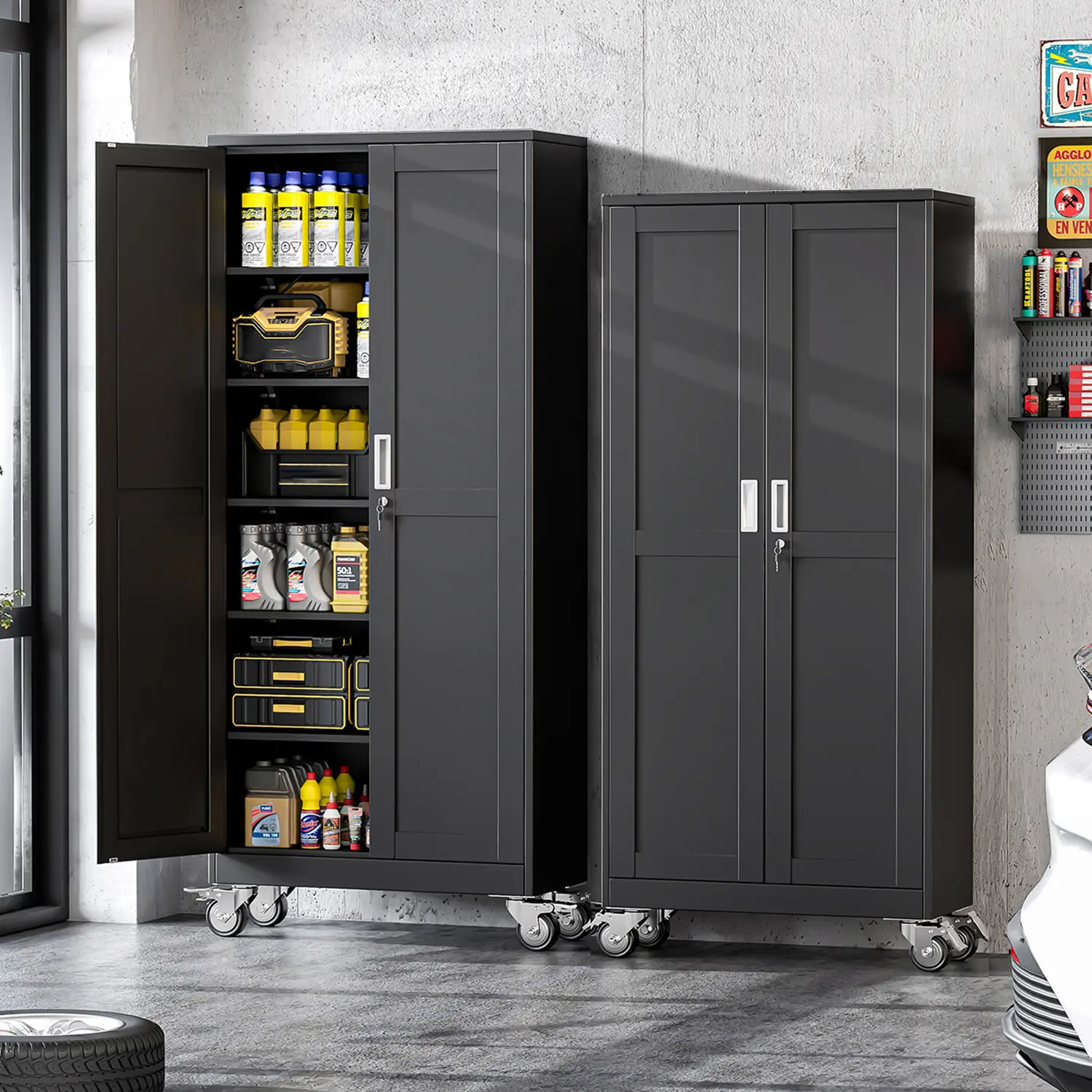 Lockable Metal Garage Storage Cabinet, Steel Tool Cabinet with Adjustable Shelves and Wheels – Rolling File Cabinet for Home Office, Garage, Gym, Workshop Tool Rack Organizer Garage Tool Organizer