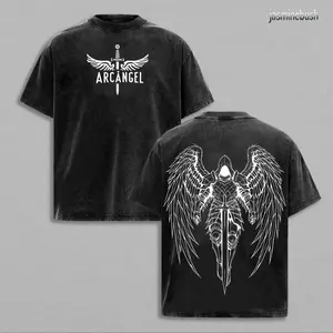 Archangel Saint Michael Holy Warrior Angel Graphic Vintage Washed Mens Oversized T Shirt Christian Gothic Streetwear Sword Wings Gym Pump Cover Jesus Apparel Faith Based Clothing Heavyweight Y2K Dark Aesthetic Catholic Church Outfit Retro Top