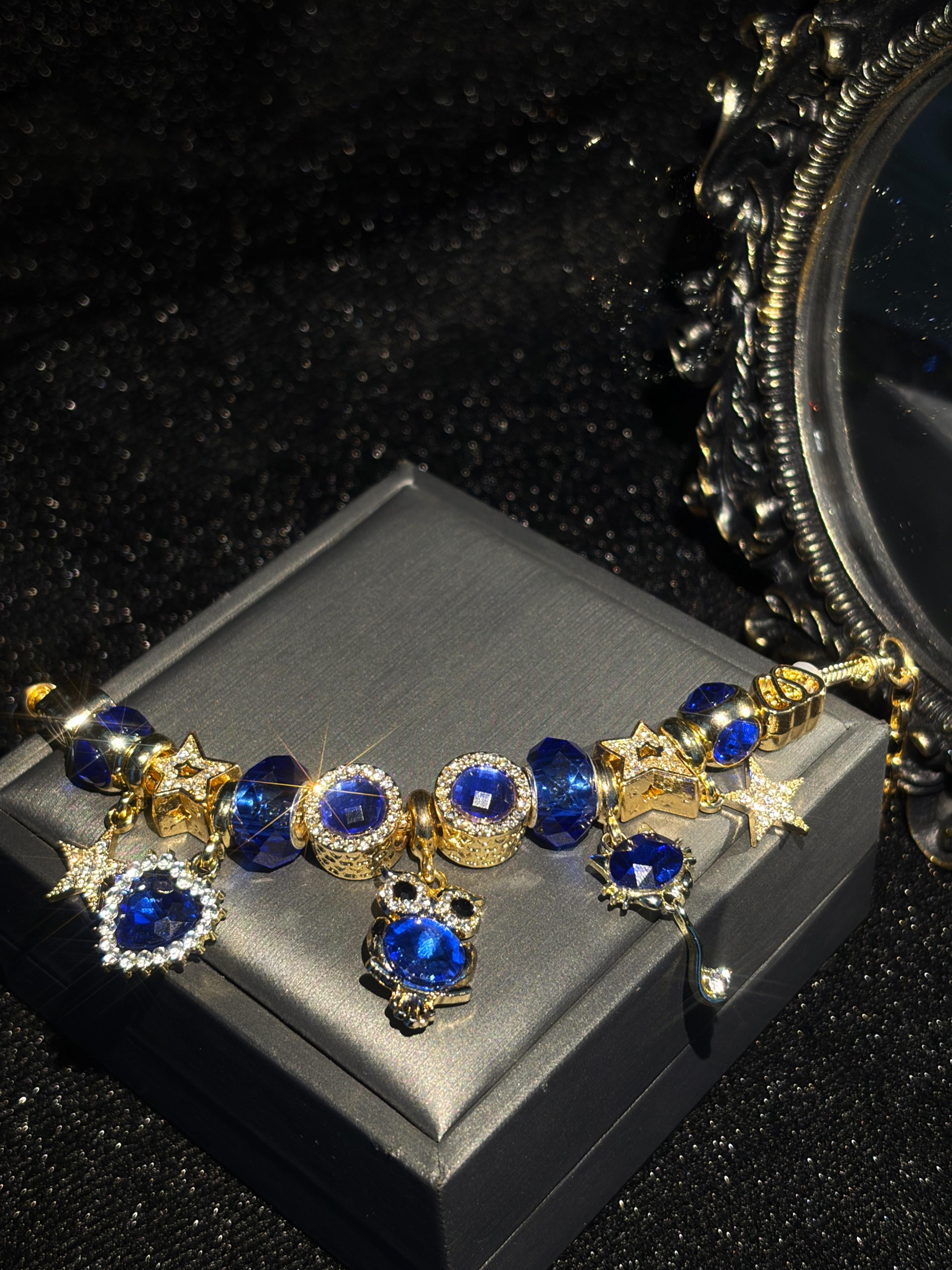 Women's Sparkly Blue Crystal Charm Bracelet - Gold-Tone Adjustable Snake Chain with Owl, Star, Heart Rhinestone Dangle Charms, Elegant Evening Party Jewelry Gift for Teen Girls
