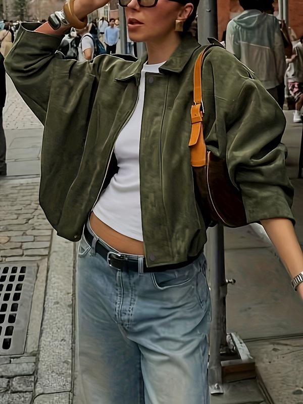 Women's Fall Winter Loose Fitted Suede Jacket, Short Batwing Sleeve Bomber Coat, Plain Leather Look Top, Zipper Neckline, Long Sleeve Vintage Style