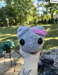 Crochet Sad Hamster Meme with Pink Bow and Large Black Eyes for Collectors