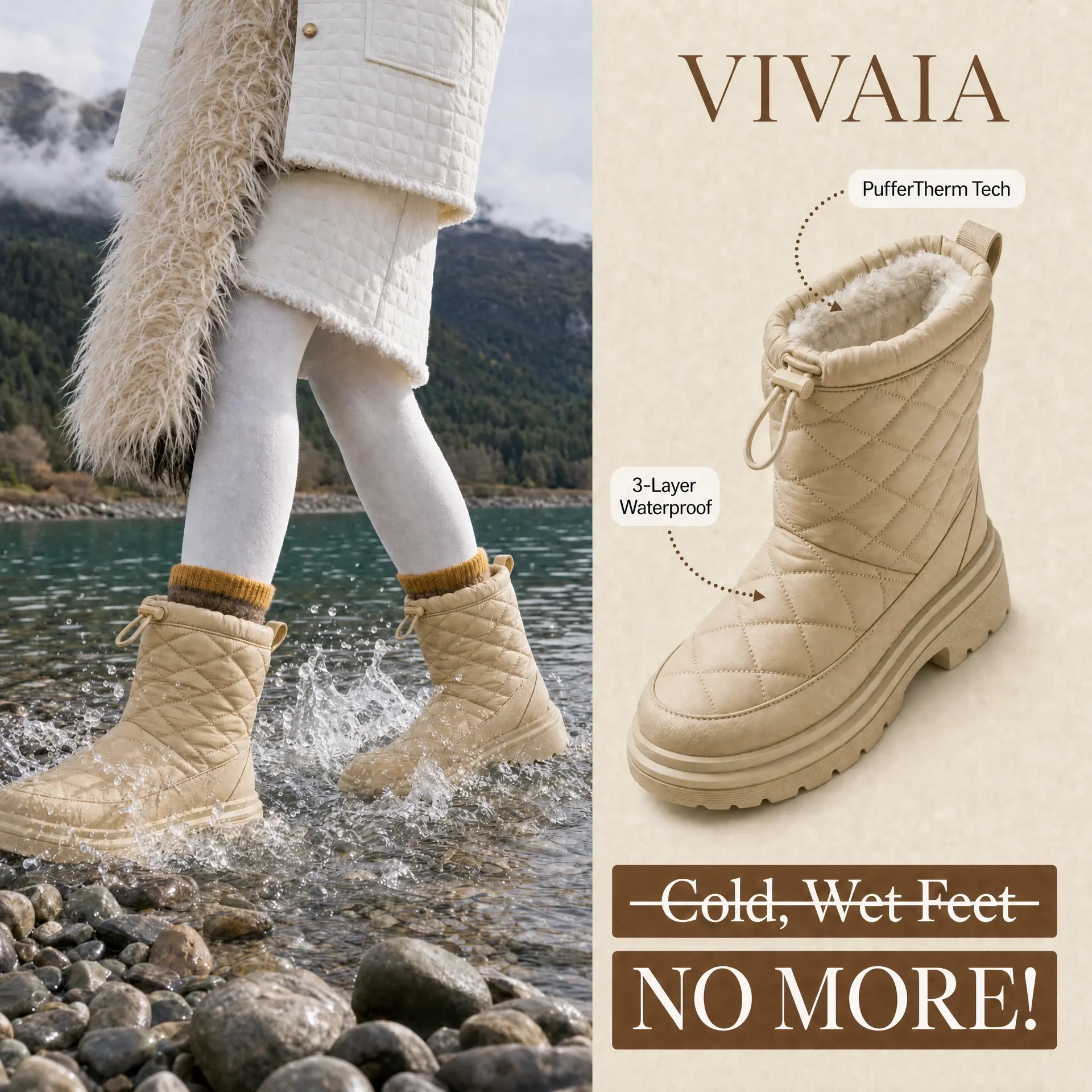 VIVAIA sorel boots women's Theo Waterproof Puffer Boots -10°C Warmth / PufferTherm Insulation / Wool Insole Lightweight / Anti-Slip Sole / Side Zipper Snow Holiday / Ski Trip / Winter Travel (Theo)
