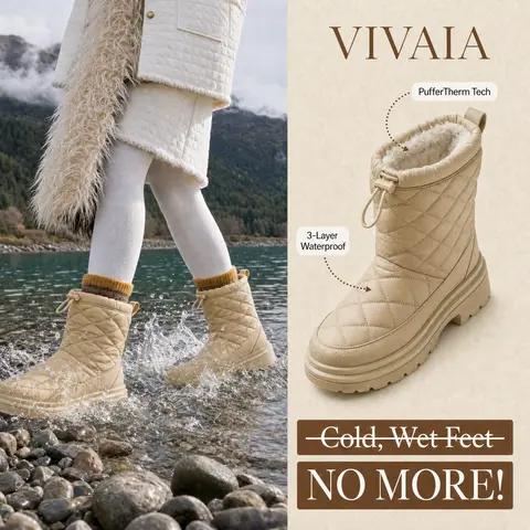 VIVAIA Women's THEO Waterproof Puffer Round Toe Boots -10°C Warmth, PufferTherm Insulation, Wool Insole, Lightweight, Dual-Layer Anti-Gravity Outsole, 16cm/6.3'' Shaft Height, 57mm/2.24'', Side Zipper, Cold Weather Gear for Snow Holiday, Ski Trip (THEO)