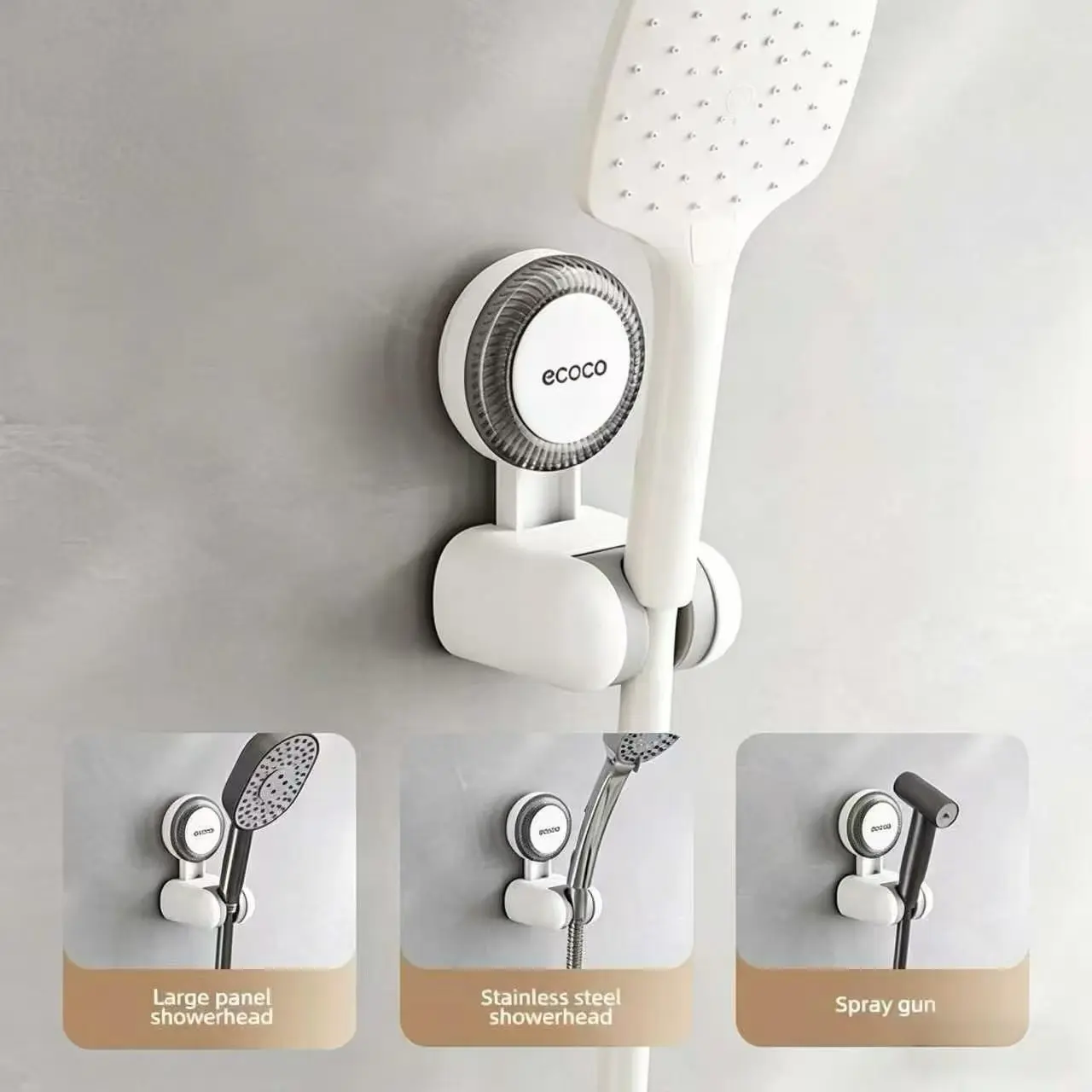 RENEMOS Plastic No-Drill Suction Cup Shower Head Holder, Removable Bathroom Shower Mounting Bracket, Adjustable Height for Kids, Strong Suction, High Load Capacity, Reusable