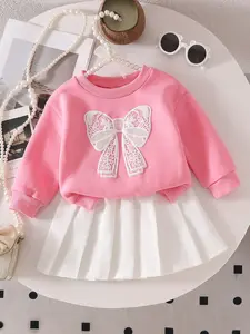 Baby Girl Bowknot 3D Foam Print Casual Sweatshirt and Pleated Skirt Set, Baby Clothing, Fall Winter Thick Warm for Outdoor Play