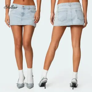 Womens  Low Rise Denim Miniskirt Waist Button Bodycon Denim Skirt Vintage Cute Jean Skirts with Pockets Streetwear