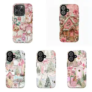 Pink Merry Christmas Phone Case – Vintage Holiday Music & Ornament Tough phone case,Cover for iPhone 16 15 14 13 12 11 17 Pro Max for Samsung phones, Fashion Dual Layer Creative Case, Perfect Gift for Her/Him