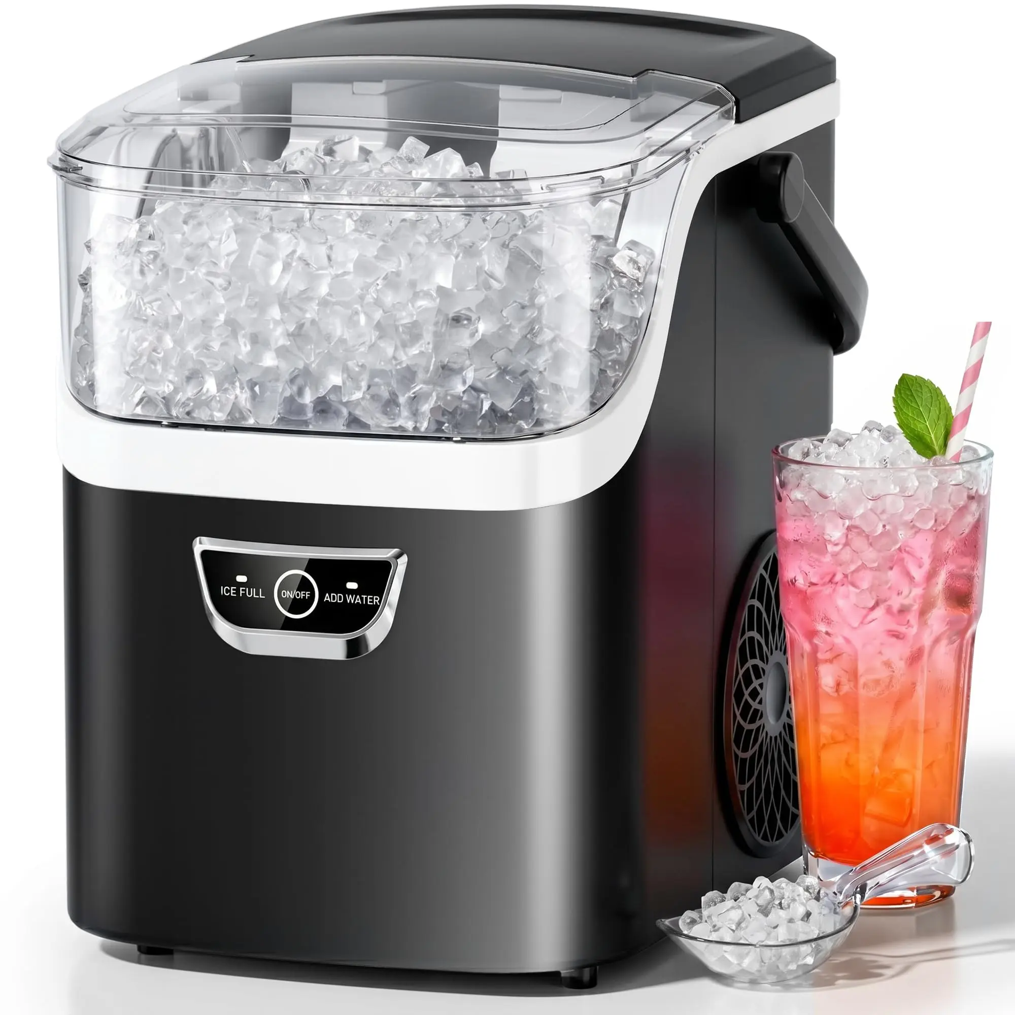 Kismile Nugget Ice Maker Countertop with Handle, Crushed Ice Ready in 5 Mins, 35lbs/Day, Self-Cleaning, Portable Ice Machine with One-Click Operation for Home/Kitchen/Party/RV/Camping, Scoop, Automatic