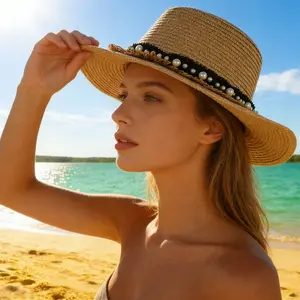 Premium Natural Straw Fedora Hat with Pearl & Fringe Band – Wide Brim for Effective UV Protection, Durable Woven Texture, Elegant Design Perfect for Both Casual Beach Days and Dressy Summer Occasions