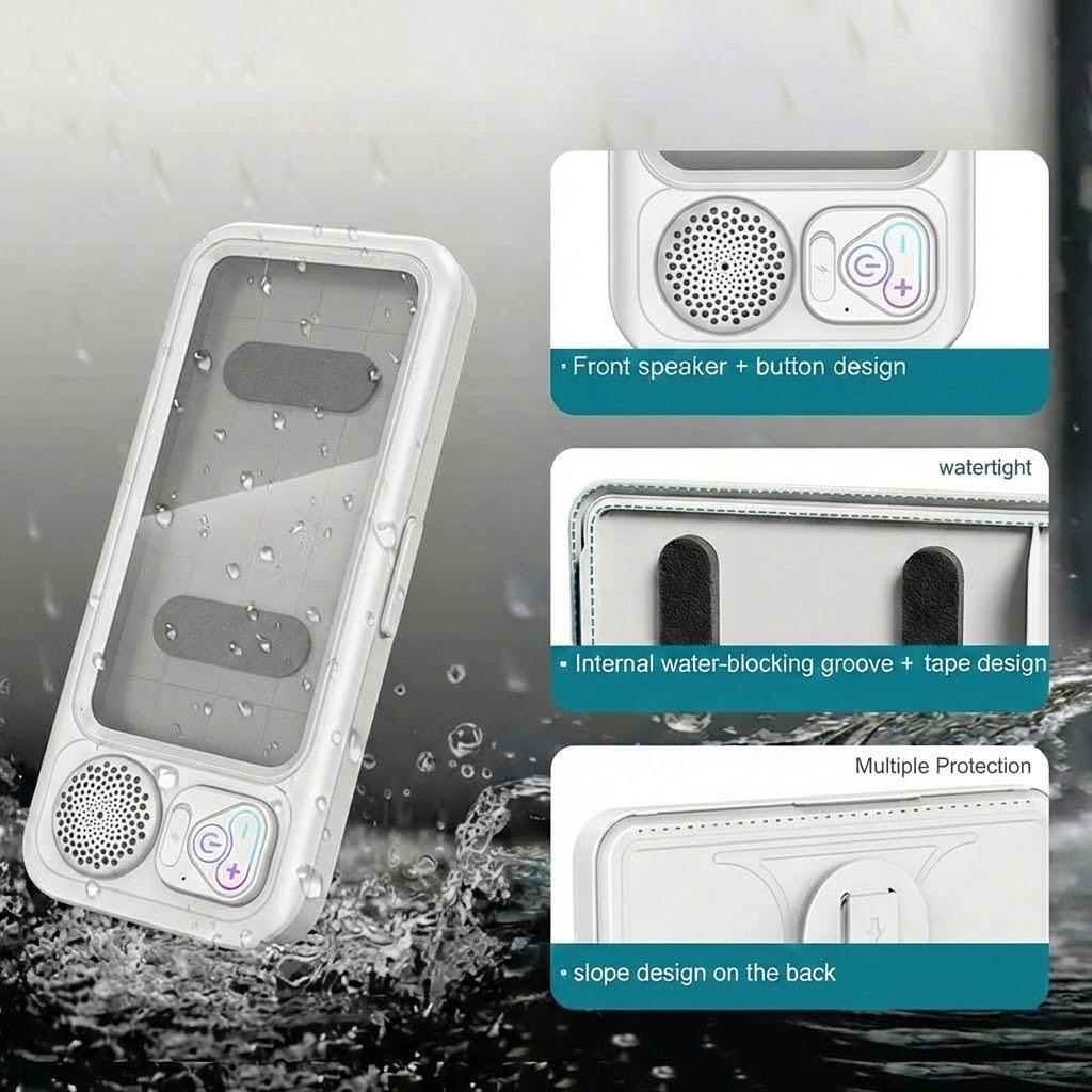 Waterproof Shower Phone Holder with Bluetooth Speaker, 360° Rotatable Wall Mount Phone Case with Touch Screen, IPX7 Waterproof Bathroom Phone Stand for Shower