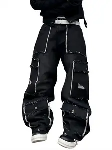 UP.THE Menswear Street Style All-Seasons Vintage Washed Workwear Denim Pants - Distressed Patchwork Design, Multiple Pockets, Loose Fit, Black Jeans for Casual Outings