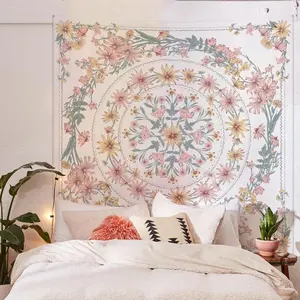 Mandala Floral Medallion Tapestry, Sketched Flower Plant Boho Wall Hanging, Bohemian Hippie Tapestries for Bedroom Living Room Dorm Home Décor