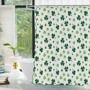 Lucky Four-Leaf Clover Shower Curtain, Wave Hem, Includes 12 Hooks, Waterproof Fabric, Hotel Style Bathroom Decor