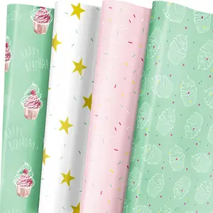Birthday Wrapping Paper Set of 8, /golden Star/ Birthday Happy Print, 100cm X 50cm, for Kids, Girls, Women, Parties, Baby Showers