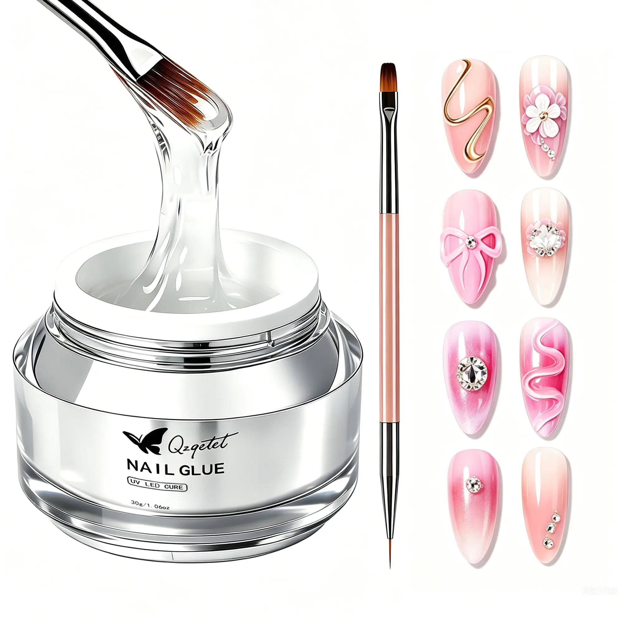 Qzqetet 30g 4-in-1 Clear 3D Nail Art Gel with Brush, Builder Gel, Rhinestone Glue & Chrome Isolation Gel for Flowers, Charms & Nail Decorations, Nail Lamp Neede