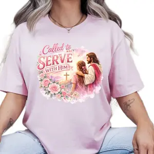 Called to Serve with Him Pink T-Shirt with Floral Design and Jesus Image