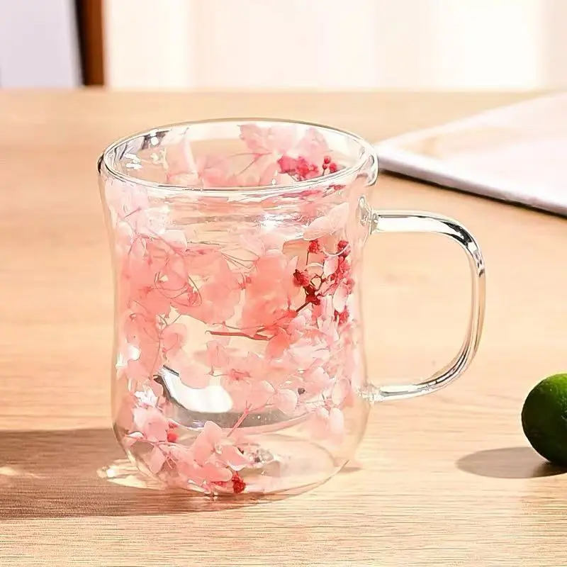 250ml High Borosilicate Double-Wall Heat-Resistant Insulated Glass Mug - Hourglass-Shape Slim Profile Floral Tea Cup with Genuine Preserved Flower Layer for Tea Lovers, Glassware Drinkware, Dining