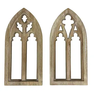 Set of 2 Whitewashed Wood Gothic Arch Window Frame Wall Hangings - Sculptural Elegance for Your Home Decor - 15.75 Inches High, Timeless and Enchanting Ambiance