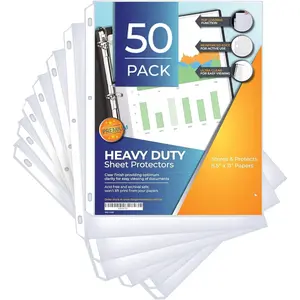 50 Sheet Protectors 8.5 x 11 for 3 Ring Binder, Heavy Duty Clear Page Protectors, PVC Free Polypropylene Plastic Sleeves for Paper, Top Loading, Acid Free, Reinforced Holes, Archival Safe -