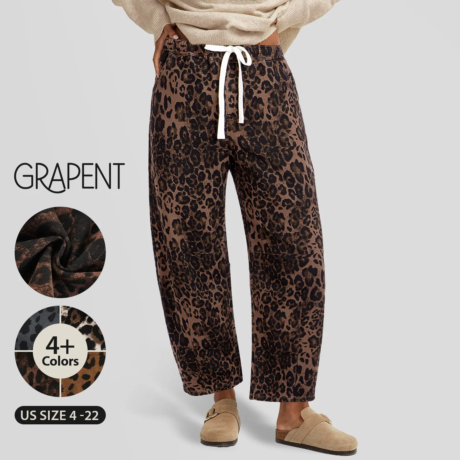 【GRAPENT Barrel Jeans Collection】Leopard Bold Barrel Jeans for Women | High Waisted Pull On Cropped Ankle Denim, Stretchy Cheetah Print Jeans for Early Fall Outfits, Animal Print Barrel Jeans,Back to School Shopping backtoschool