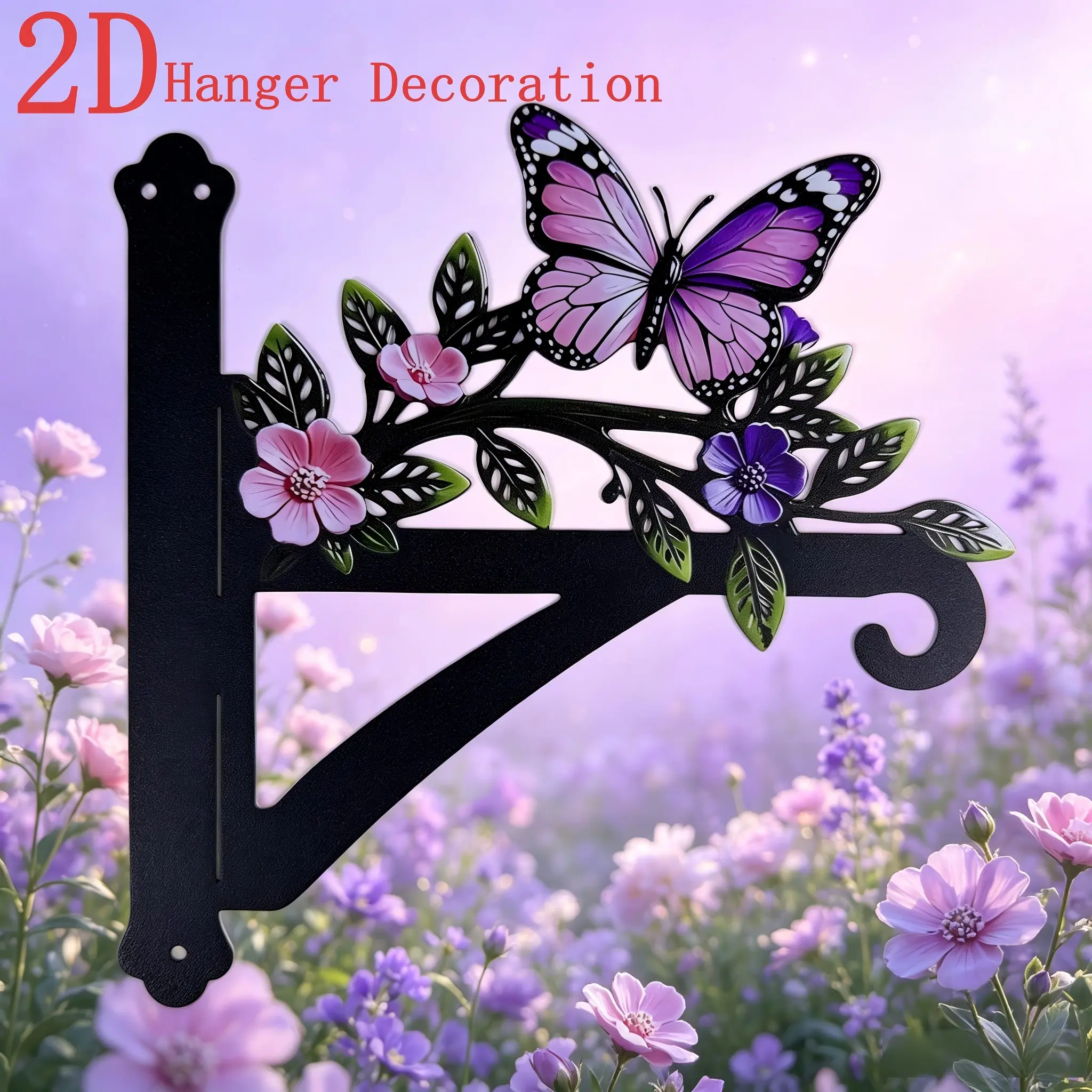 Butterfly Floral Painted Iron Hanging Rack, European Style Elegant Decorative Wall Hook with Screws, Multi-Functional Outdoor Garden Accessory Decor, Spring Mother's Day Gift, Decoration