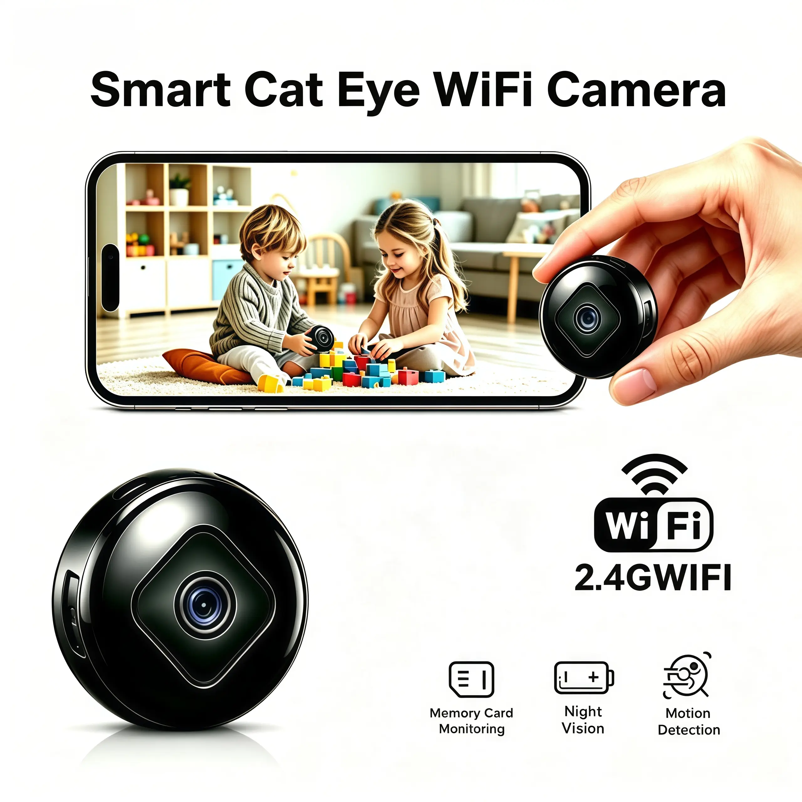 Mini Wireless Security Camera, 2.4GHz WiFi Indoor Surveillance Cam, Night Vision, Motion Detection Alerts,360° Rotatable Magnetic Mount, USB Powered, Remote Live Recording, Supports SD Card & Cloud Storage, Adjustable Lens for Home & Baby Monitoring