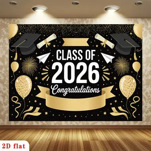 Graduation & Class of 2026 Backdrop – Black Gold Balloon Theme Tapestry, Wall Hanging, Photography Background, Polyester HD Print, Garden, Room, Party, Club Decor