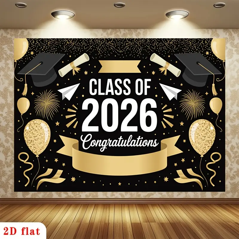 Class of 2026 Graduation Tapestry - Black Gold Balloon Theme, Polyester HD Print Wall Hanging, Wedding Photography Background, Home Party Decor