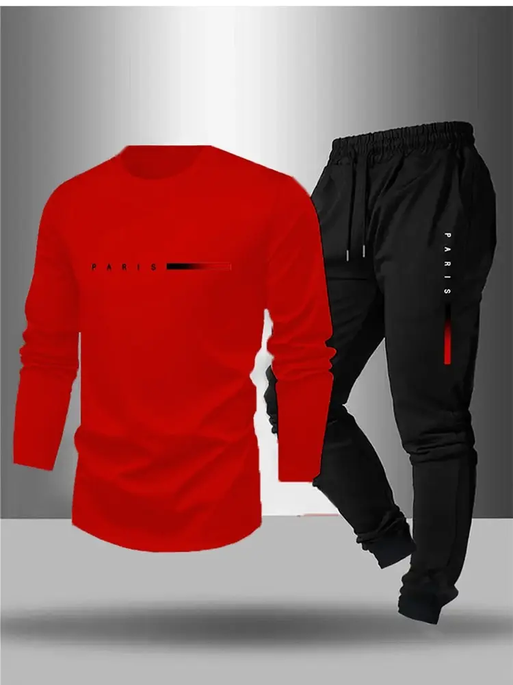 Men's Printed Long Sleeve Set, Casual Jogger Pants Two-Piece Sports Outfit Athleisure Tracksuit Set Matching Gym Set
