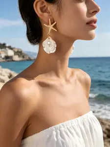 Summer Boho Starfish Shell Imitation Pearl Pendant Earrings, Mermaid Style Coastal Beach Vacation Jewelry, Trendy Summer Accessories for Women