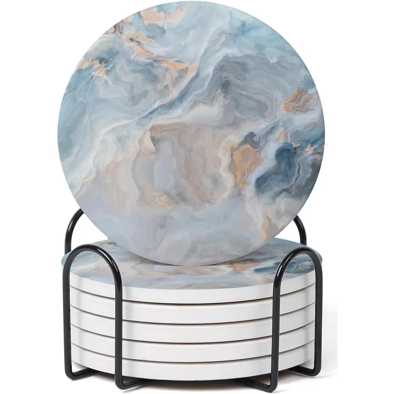 Set of 6 Abstract Blue Marble Coasters with Holder, Absorbent Ceramic Coasters for Drinks, Coasters with Cork Backing for Table Protection, Housewarming Gifts for New Home