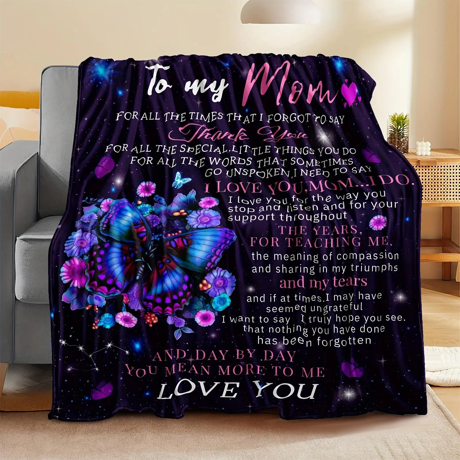 Butterfly & Letter Pattern Blanket, 1/2 Counts Letter To Mom Cozy Warm Soft Warm Throw Blanket, Air-conditioned Room Blanket, Mothers Blanket, Gift for Mom, Birthday Gift for Mom, Blanket Gifts