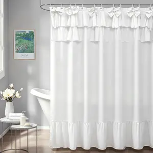 White Cottagecore Shower Curtain with Bows - Ruffled Farmhouse Bathroom Decor, Vintage Country Chic Fabric Curtain Sets, Machine Washable, 72x72 inches