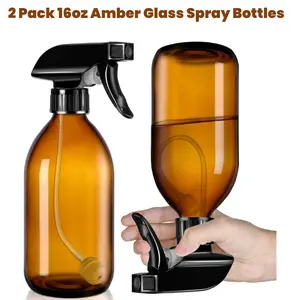 2 Pack 16oz Amber Glass Spray Bottles with Adjustable Nozzle, Refillable Cleaning Spray Bottle for Plants, Mother Birthday Gift