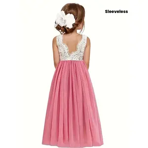 Summer Lace Dress for Girls, Sleeveless Tulle Long Princess Gown, Wedding Attire for Children, Backless Piano Performance Dress
