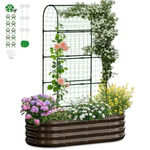 #Summervibes ABORON Galvanized Raised Garden Bed with 71in Arch Trellis for Climbing Plants, Outdoor Planter Box with Climbing Net for Gardening Flowers Vegetables Fruits Herbs