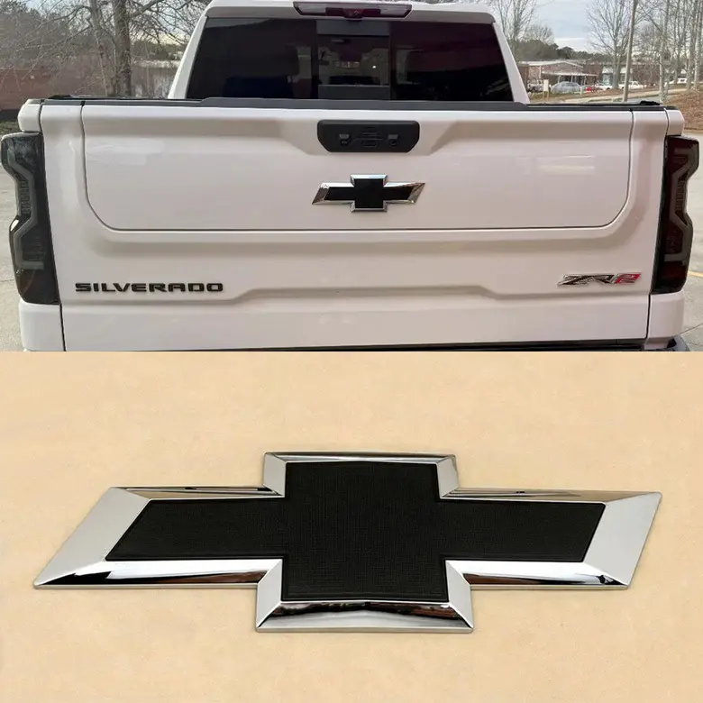 Tailgate Rear Bowtie Emblem, Automotive Decoration Vehicle Decoration Car Accessories for 2019-2026 Silverado 1500, 2500HD, 3500HD (Chrome/Gloss Black), 1 Pack