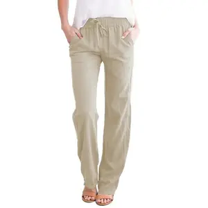 Women Cotton Linen Drawstring Pants Elastic Waist Casual Solid Color Trousers Baggy Loose Straight Leg Breathable Sweatpants