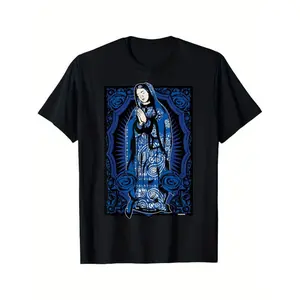 Women's Cotton T-Shirt, Virgin Mary Art Print, Mexican Blanket-Inspired Blue Bandana Chicano Design
