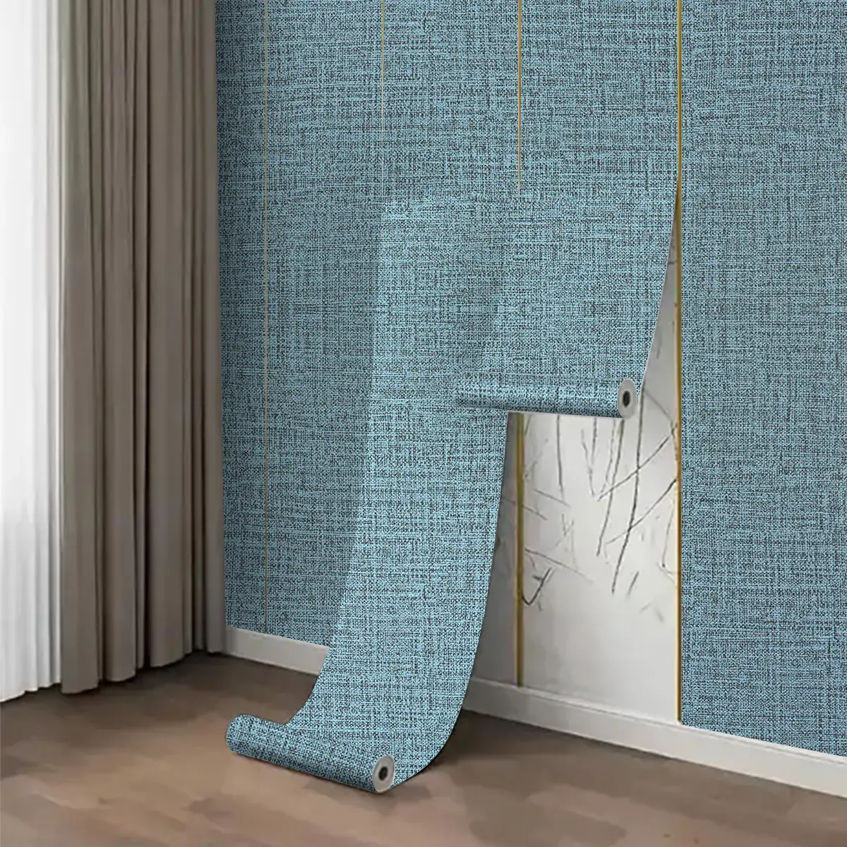 Blue Linen Texture Peel & Stick Wallpaper, Self-Adhesive Fabric Look Wall Paper for Bedroom Bathroom Living Room Decor Modern Wallpaper