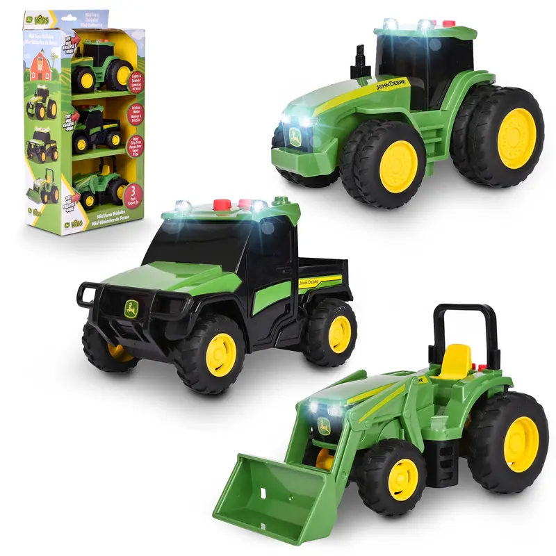 John Deere 3 Pack Mini Vehicles- Lights and Sound Realistic 5" Farm Vehicles, 7R Series Tractor, 6105M Tractor and Gator