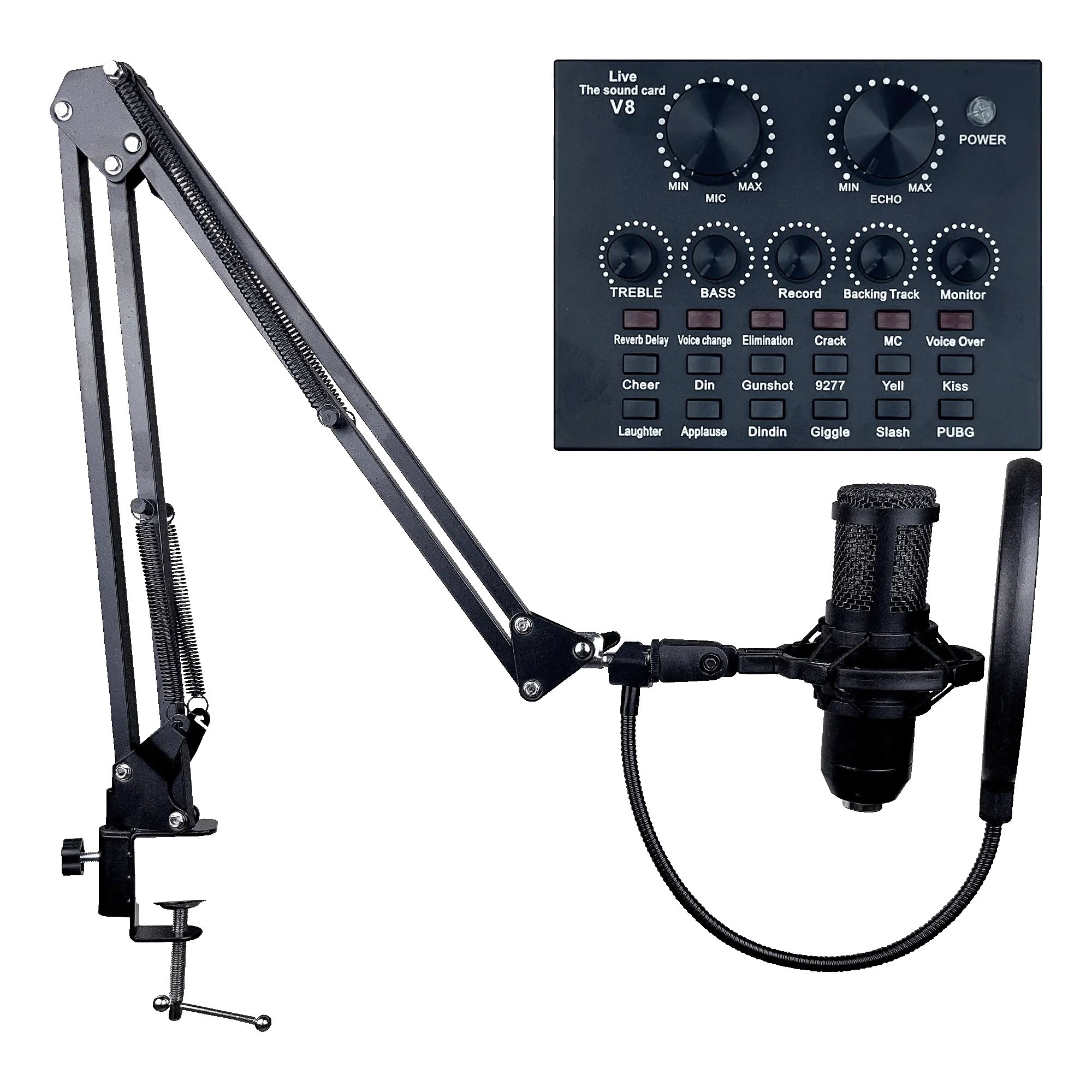 Condenser Microphone Streaming Kit w/ V8 Live Sound Card, Boom Arm, and Pop Filter.