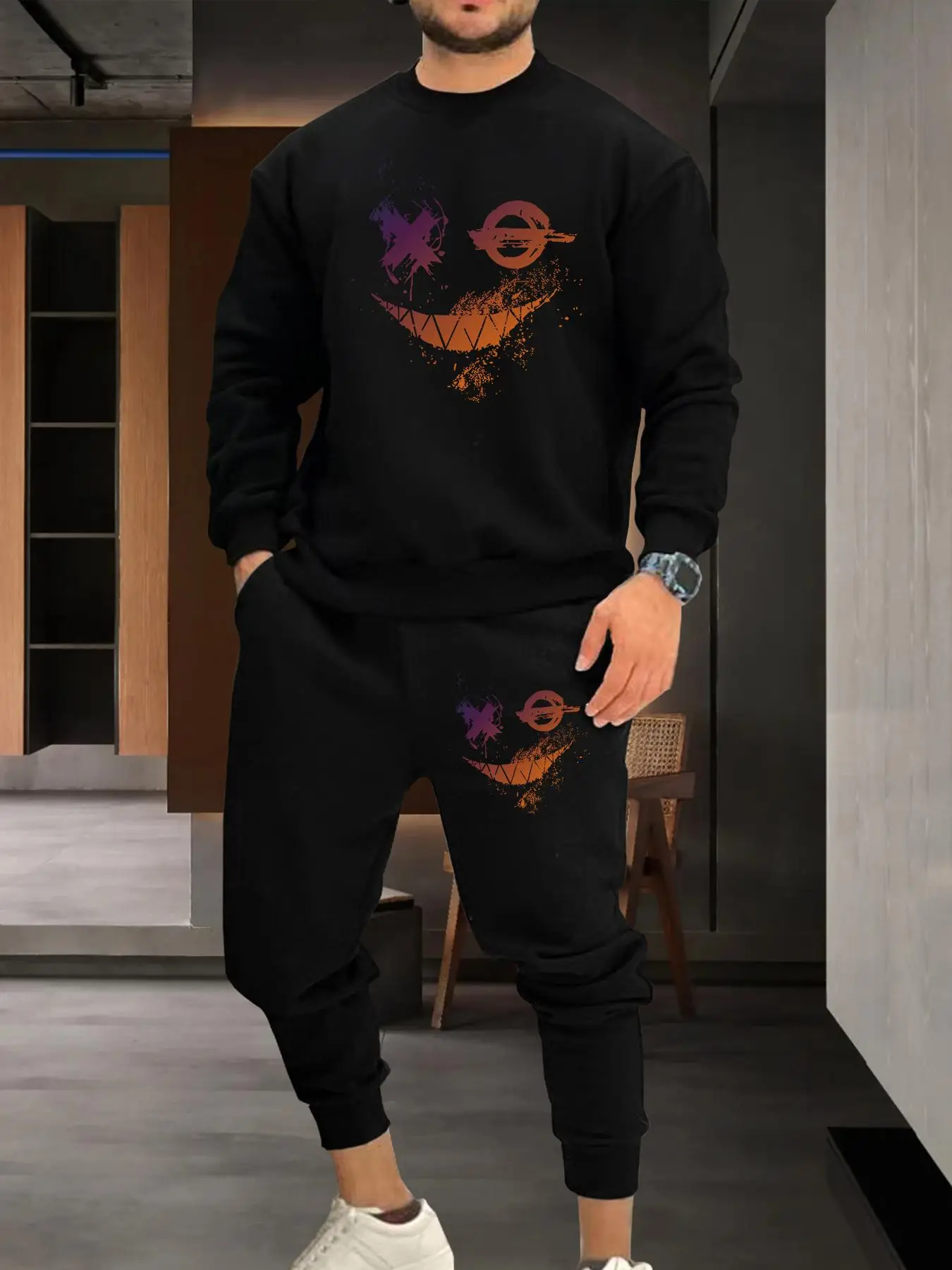 Two-Piece Set Men's Cartoon Face Print Drawstring Two-piece Set, Regular Fit Casual Long Sleeve Sweatshirt & Plain Pocket Jogger Pants, Men Fall & Win