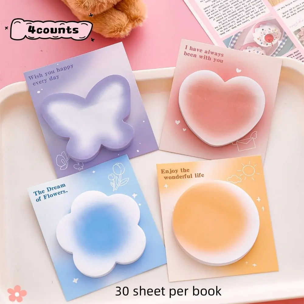 4 Pack, 120 Sheets Floral Heart Butterfly Gradient Adhesive Sticky Notes Set, Cute Delightful Irregular Shapes Gradient Stickers, Student Memo Note Paper