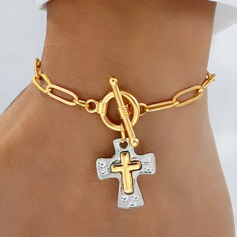 Women's Retro Cross Bracelet with Pendant, Flat Chain, OT Buckle, Two-Color Hammered Pendant, Niche Hand Jewelry, Daily Wear Accessory